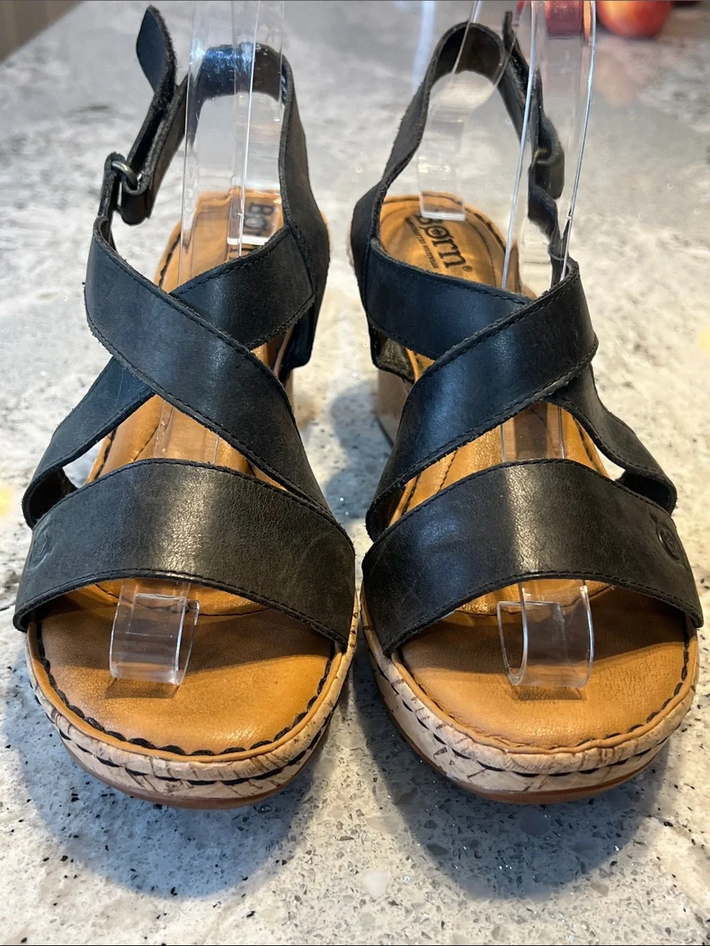 Børn Seashell Black Leather Cork Wedge Sandals Size 9 EUC